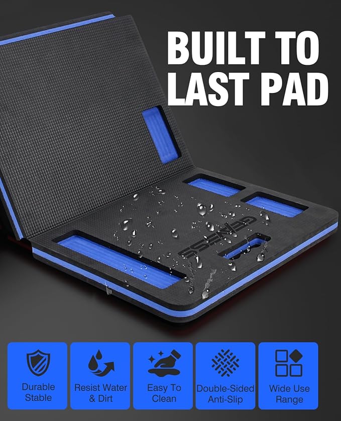 1.1" Foldable Kneeling Pad, Large Supportive Mechanic Mat with Storage Strap & Tool Tray, Extra Thick Comfortable Foam Knee Pad for Gardening, Garage, Workshop Repairing, 47.2"x15.7"