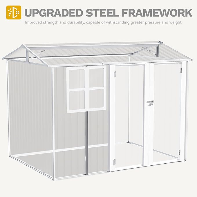 DWVO 8x6ft Metal Outdoor Storage Shed with Window, Lockable Tool Storage Sheds, Oversized Steel Garden Sheds with Sloped Roof for Backyard, Patio, Garage, Lawn (Gray + White)