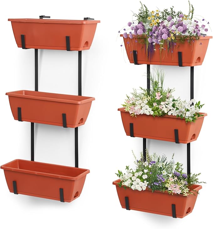 OYEAL Hanging Flower Pots for Railing Fence Outdoor Window Boxes Planter with Adjustable Hooks, Set of 2 Deck Rail Planters with 6 Detachable Plastic Planter Boxes, Drainage Holes, Brick Red
