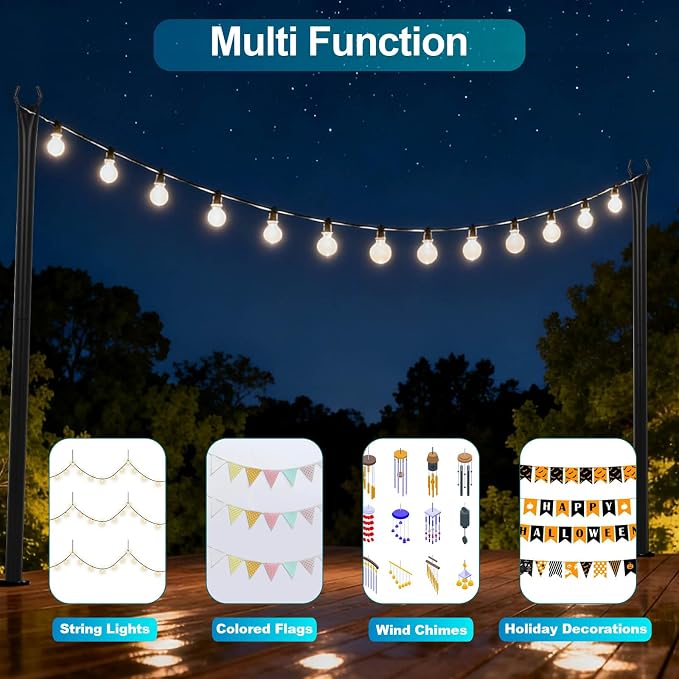 FAHKNS 6 Pack 5FT String Light Poles for Deck, Outdoor Metal Deck Light Poles with Fixing Clips, Hanging Light Poles for Patio Garden Yard Fence Porch Decor