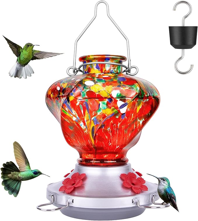 Hummingbird Feeder for Outdoors with Ant Moat, Hummingbird Feeder, Hand Blown Glass, 4 Bee Guard Feeding Ports with Perch, Outdoor Garden Décor, 16OZ, Red, Gifts for Mom Wife Dad Men Women