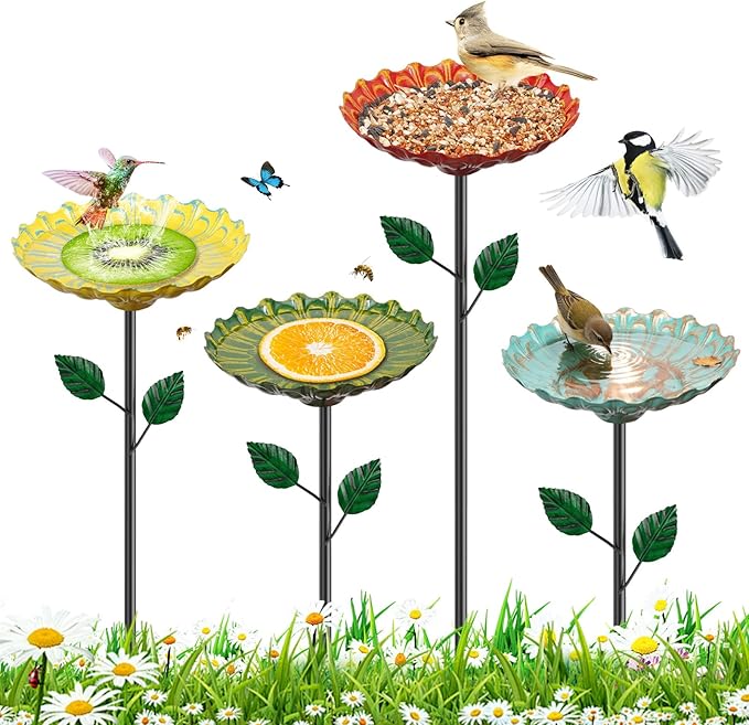 2 Pack Bird Baths for Outdoors, Colorful Metal Bird Bath for Outside, Hummingbird Bath with Five Stakes, Outdoor Birdbath Decor for Garden Yard Lawn Backyard Patio (4PCS Sunflower)