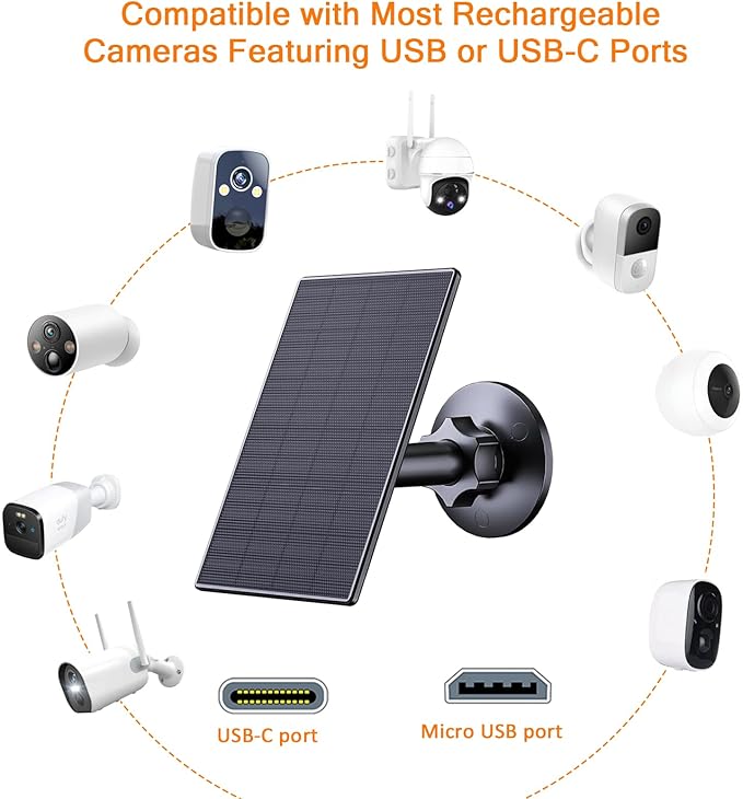 Zivif 2W Solar Panel for Security Cameras, Solar Charger with Micro USB & USB-C Port for Rechargeable Battery Security Camera, 360° Adjustable Mount, Black (2 Pack)