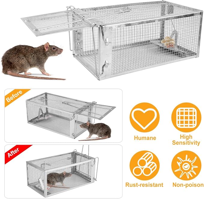 TeqHome Humane Rat Trap, 2 Pack Small Live Chipmunk Trap That Work for Indoor & Outdoor, Easy to Catch & Release, Live Animal Traps Mouse Cage Traps Reusable for Small Rodents Mice Voles Hamster