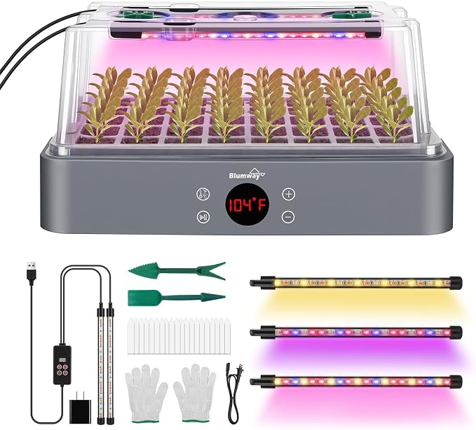 BlumWay Upgraded 40-Cell Seed Starter Tray with Grow Light, 4.3" Higher Lid Seed Starter Kit, Adjustable Seedling Heating Pot, Germination Trays with Humidity Dome, Indoor Plant Starter Kit