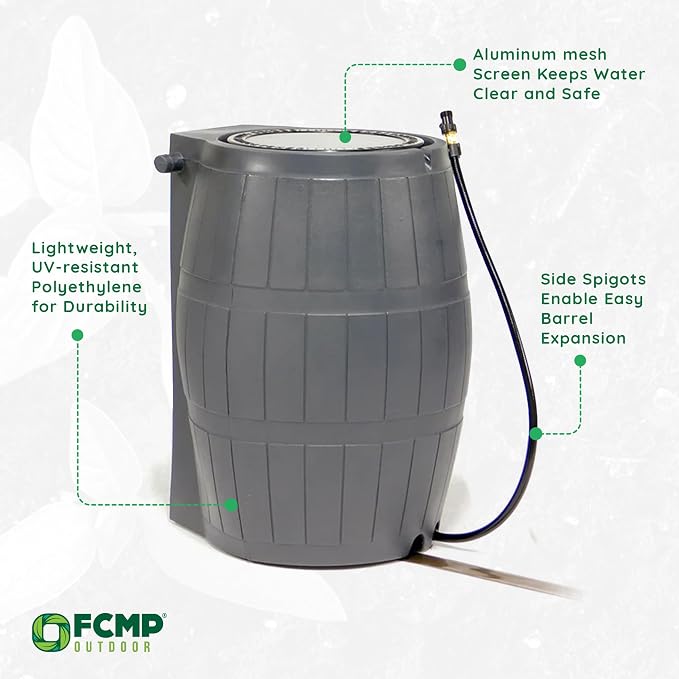 FCMP Outdoor Raincatcher 4000, Flat-Back Rain Water Barrel, 50-Gallon, Gray - Rainwater Collection Storage Container w/Side Spigots, Mesh Screen, Garden and Overflow Hose & Linking Kit