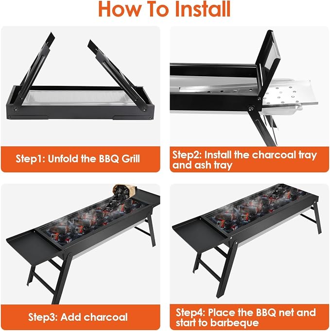Foldable BBQ Grill, Small Charcoal Grill with Side Shelf Stainless Steel Net, Portable Tabletop Barbecue Grill for Camping Picnic Outdoor Party Garden (22 x 9 x12in)