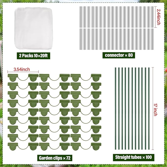Woanger 2 Sets Garden Mesh Netting Kit Plant Cover with 100 Garden Hoops 72 Clips 80 Connectors Fine Mesh Netting Protection for Plant Vegetable Fruits Flowers Greenhouse(10 x 20 Ft)