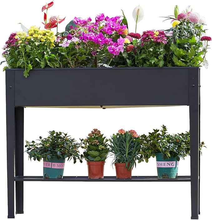 Raised Garden Bed, Elevated Planter Black Metal Plant Box with Legs Standing Garden Stand Drainage Holes Black