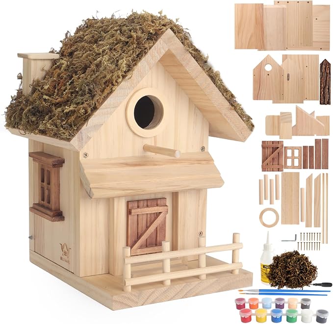 Bird Houses for Outside – Bird House Kits, DIY for Adults & Kids, 1.5" Entrance, Premium Pine, Moss Roof, Bark Siding, Side-Opening Door, Easy Clean,Family Craft for Garden,Backyard or Patio