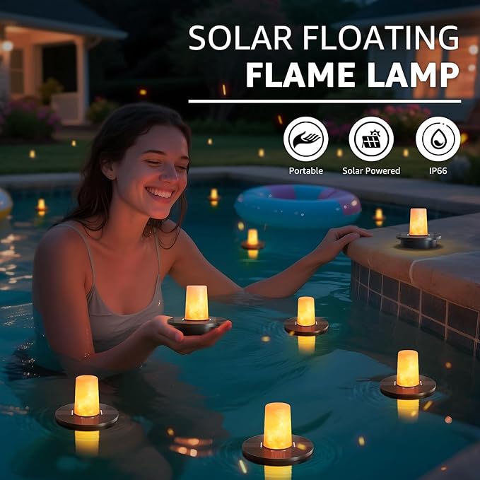 Solar Floating Pool Lights 2-Pack, 3.8” Small Floating Flickering Candles for Pools, Pond, Garden & Outdoor Decor, IP66 Water-Resistant, Auto Dusk-to-Dawn, 8-Hour Ambient Lighting