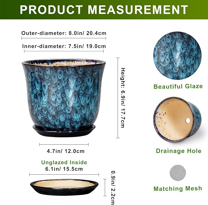 8 Inch Plant Pot - Ceramic Planter for Indoor Outdoor, Round Planter with Drainage Hole and Saucer, Modern Planters, Flower Pots, Apartment Porch Room Home Decor, Gardening Gifts, Blue