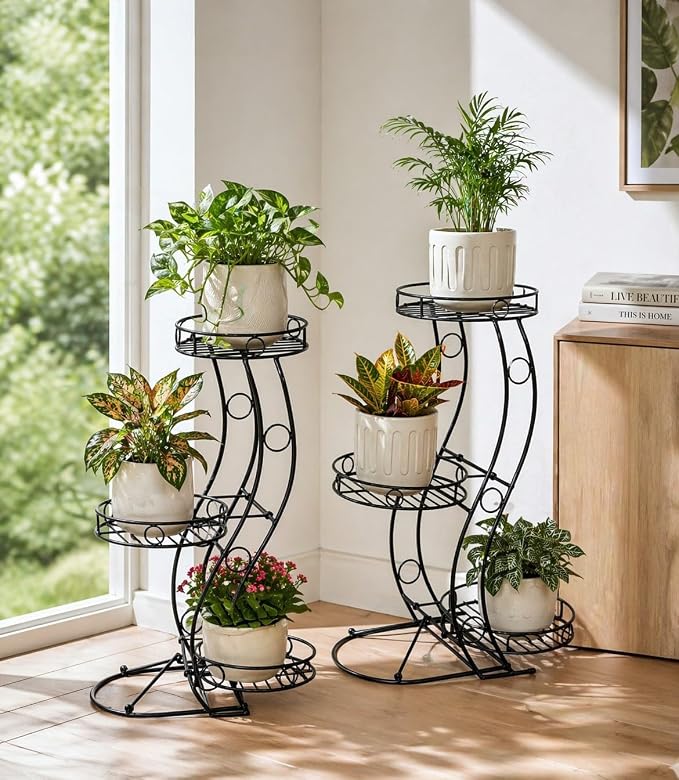2-Pack Heavy Duty Metal Plant Stand Set (Large & Small) - No Assembly Required - 3 Tier Corner Plant Shelf for Indoor Outdoor - 26" & 23.4" H Wrought Iron Flower Pot Holder Display Rack, Rustproof Black
