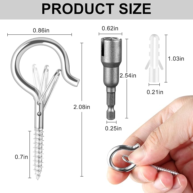 100 Pcs Screw-in Hooks for Outdoor String Lights, Q Hangers Hooks for Outside, Swivel Hanging Basket Patio Hook with Safe Buckle, Screw in Plant Eye Hook for Wall Ceiling with 1 Wing Nut Driver,Silver