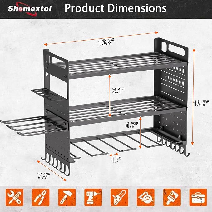 16.5“W Power Tool Organizer Wall Mount,Small Cordless Tool Organizer with 6 Drill Holder, 150 Lbs Capacity 3-Layer Garage Organization for Garage and Workshop (Black)