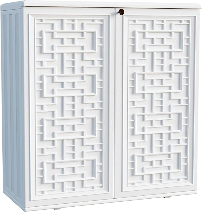 Mrosaa Indoor Outdoor Storage Cabinet Waterproof with Shelf, Off White Plastic Outdoor Cabinets for Patio/Garden/Backyard, Size 34.3''L*15''W*36.2''H
