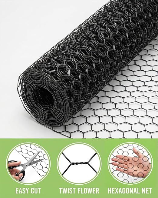 Vensovo Black PVC Coated Chicken Wire, 24in x 50ft Poultry Netting Roll, 1 inch Hex Mesh Garden Fence for Chicken Coop, Rabbit Pen, Yard
