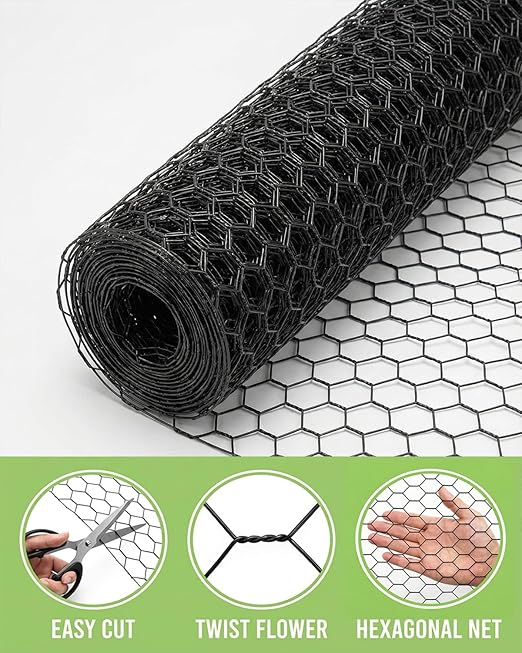 Vensovo Black PVC Coated Chicken Wire, 24in x 100ft Poultry Netting Roll, 1 inch Hex Mesh Garden Fence for Chicken Coop, Rabbit Pen, Yard