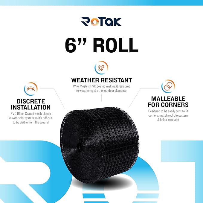 ROTAK Critter Guard - 6in x 100ft Solar Panel Bird Guard - Galvanized Black PVC Coated ½ inch Wire Roll Mesh (6" x 100')