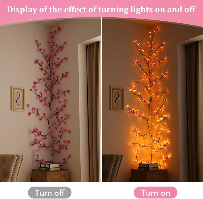 NIDISETPJAS Cherry Blossom Lights with Remote, 7.5 Ft 144 Flowers Enchanted Willow Vine Lights, 18 Branches 144 LEDs Lighted Willow Vine Tree Lights for Walls Bedroom Home Room Decor, Brown Branch