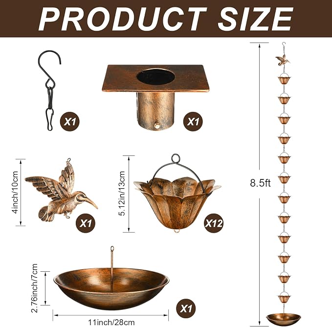 MorningRo Brass 8.5ft Rain Chains for Gutters Outside with Anchor Basin 12 Cups Rain Chain Catcher Downspout Replacement Adjustable Metal Garden Rainwater Divert for Eaves Drainage (Hummingbird)