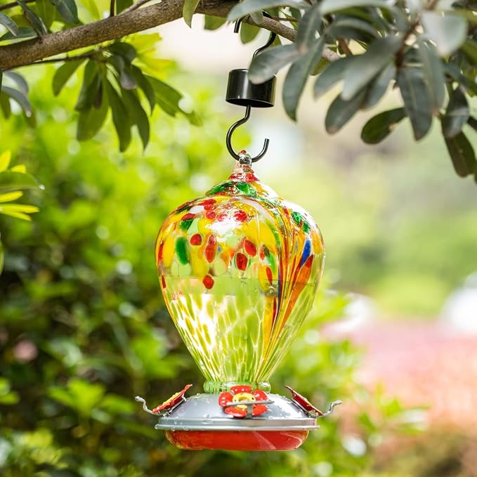Muse Garden Hummingbird Feeders for Outdoors Hanging, Blown Glass Hummingbird Feeder, Hummingbird Gifts for Mom, Garden Decor for Outside, Unique Gifts Idea for Women, 34 OZ, Green Fireworks | Muse Garden Hummingbird Feeders for Outdoors Hanging, Blown...