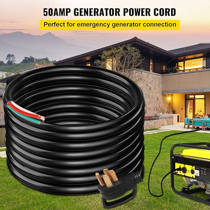 VEVOR 15-Foot 50 Amp Heavy Duty Generator Extension Cord, 6/3+8/1 Gauge STW, 125V/250V 4-Wire NEMA 14-50P to SS2-50R, 12500W Power Cord with Handle for RV, EV, Transfer Switch