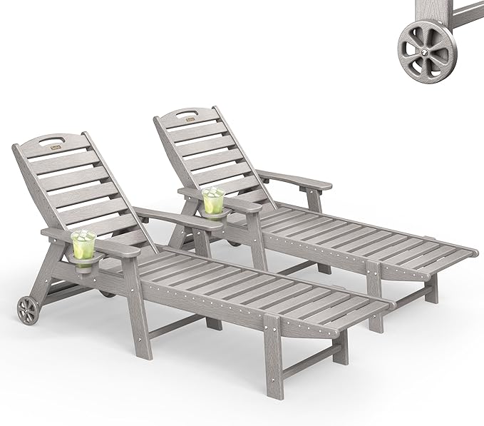 Lounge Chair Outdoor Set of 2, HDPE Chaise Lounge Outdoor with 5-Position & Wheels &Cup Holder, Pool Lounge Chair for Pool Poolside Deck Backyard Patio, Light Grey