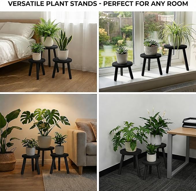 Amdermi 3-Pack4-pack Wood Plant Stands Indoor, Single Plant Stand for 6-12 Inch Pots, Mid-Century Modern Plant Stool, Tall Plant Stand for Large Plants for Living Room, Balcony, Office (3, black)