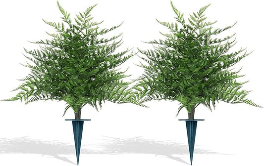 Grooy Artificial Fern Topiary Ball with Ground Spike, Set of 2 Realistic Boston Fern Plants Shrub, Fake UV Resistant Evergreen Bushes Tree for Porch Garden Indoor Outdoor Decor