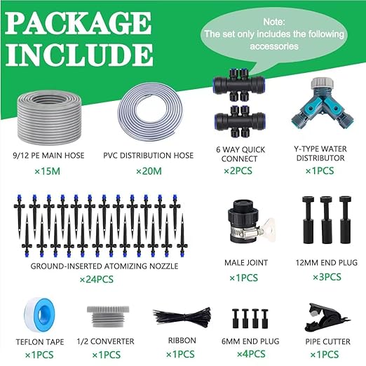 115FT Drip Irrigation Kit,24pcs 1/4 inch Tandem atomizing Nozzle,Quick-Connect Automatic Drip Irrigation System,Suitable for Watering Plants in Flowerpot Elevated Bed.