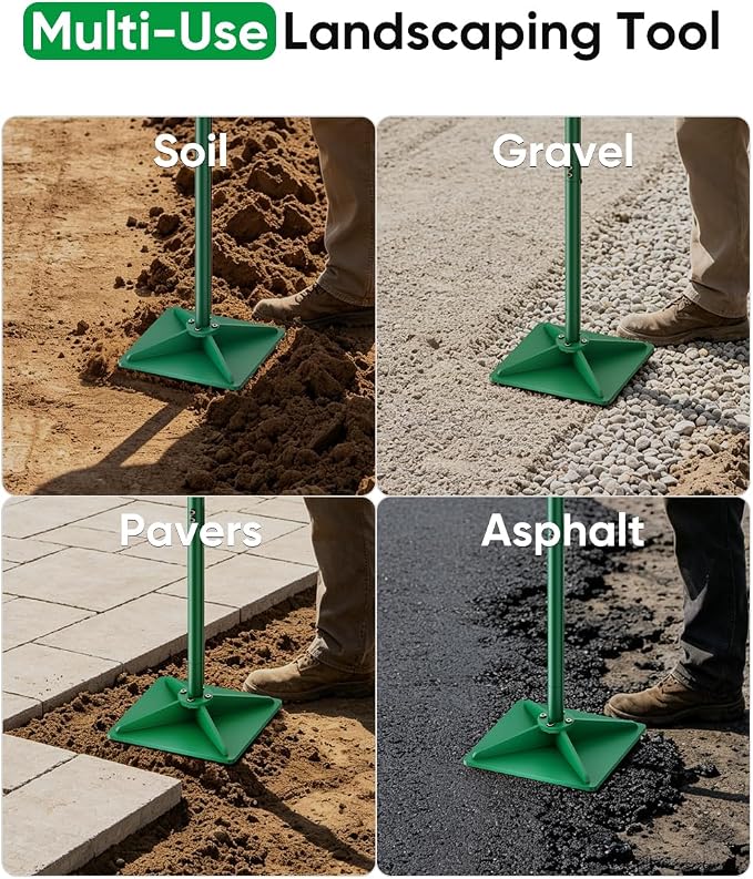 Heavy Duty Steel Hand Tamper, 8"x8" Soil Plate Compactor with 44" Adjustable Handle & Rubber Grip, Anti-Loose Ladscaping Tools for Ground, Gravel, Dirt, Sand, Asphalt, Pavers, Blacktop, Green