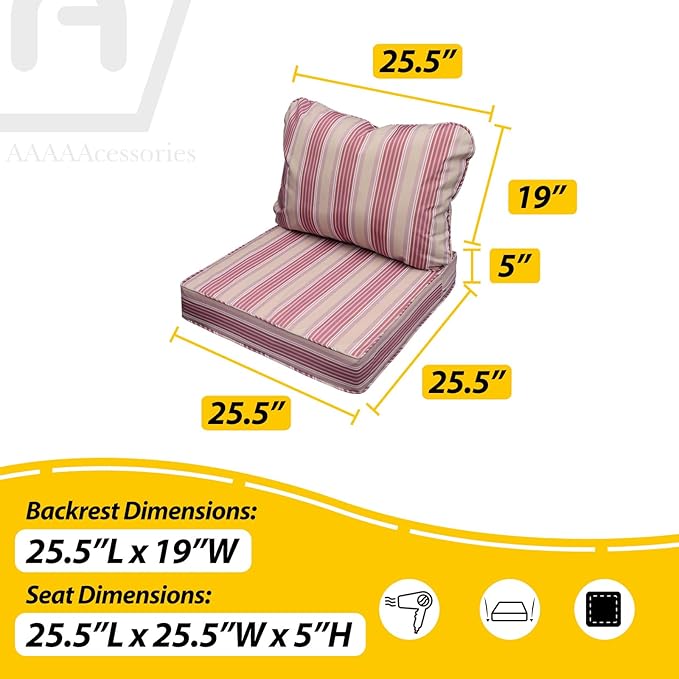 AAAAAcessories Outdoor Seat Cushions for Chairs, Fade-Resistant, Waterproof Patio Furniture Replacement Cushions, 25.5" x 25.5" x 5" + 25.5" x 19", Dusty Rose Garden Stripe