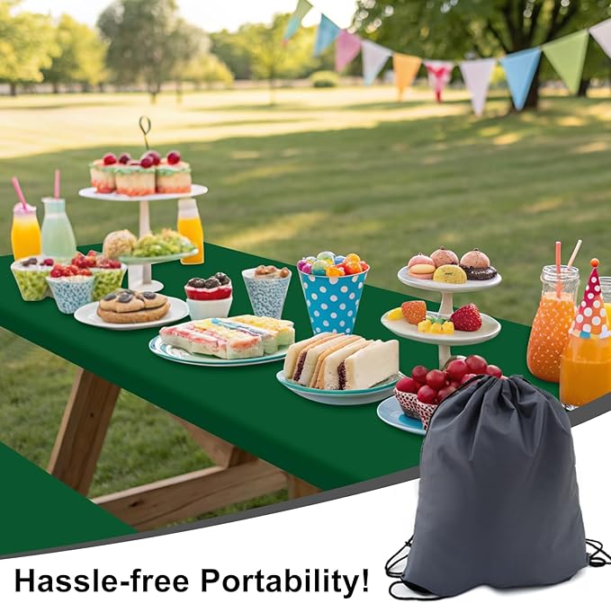 Smiry Picnic Table Cover with Bench Covers, Waterproof Elastic Fitted Polyester Tablecloths for 6 Ft Rectangle Tables, Washable Windproof Tablecloth for Camping, Outdoor (Emerald Green, 30x72 Inches)