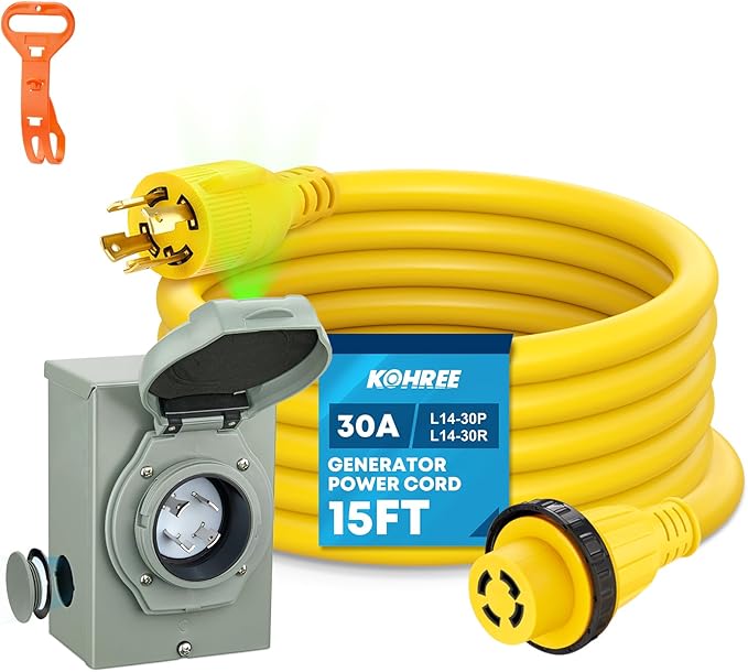 Kohree 15 Feet 30 Amp Generator Cord and Power Inlet Box Kit, 4 Prong NEMA L14-30P to L14-30R Generator Extension Cord, 30Amp Pre-Drilled Inlet Box with Cord Waterproof Combo Kit, 125/250V, ETL Listed