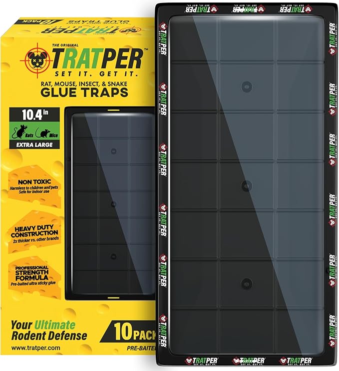 TRATPER Glue Traps for Mice,Rat,Mouse,Snake,Lizard,Insect. 10 Pack. Extra Strength,Pre-Baited Adhesive.Heavy Duty Plastic Tray.Non-Toxic,Chemical-Free Pest Control for Home. 10Pack