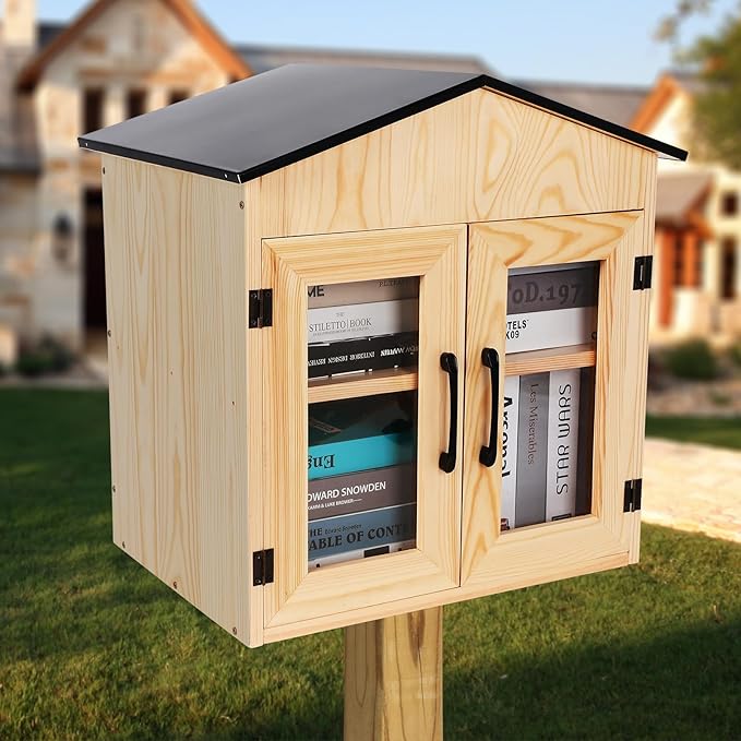 Outdoor Library Outdoor Book Box Storage Small Wooden Cabinet Little Literature Box for Neighborhoods Community and Schools Sharing Books, Flyers, Newspapers, Art and Food
