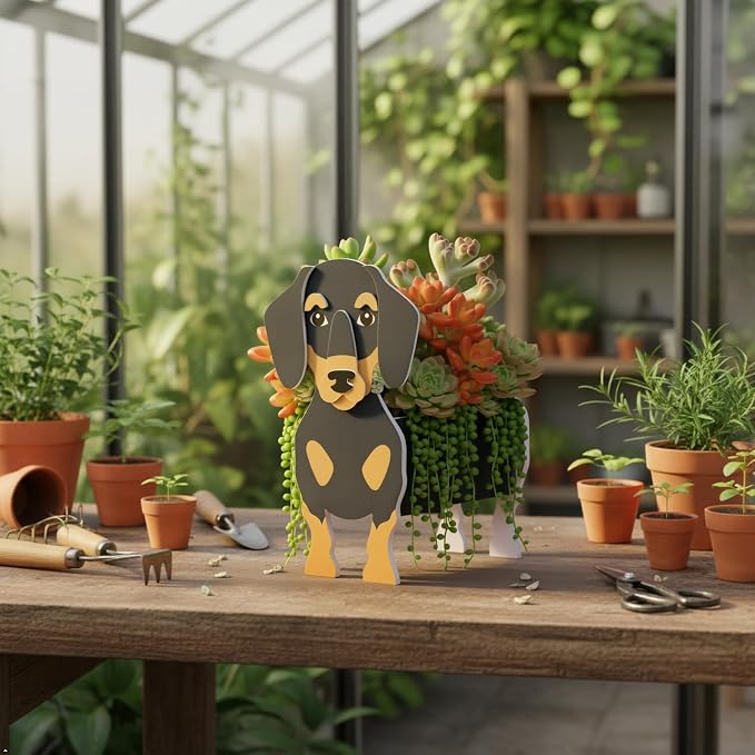 Black and Tan Dachshund Dog Planter Plant Pots,Cute Dog Flower Planter,Gifts for Pet Lovers,Unique Animal Plant Pots,Office,Indoor Outdoor Garden Decor(9.45 * 7.5 * 13.39in)