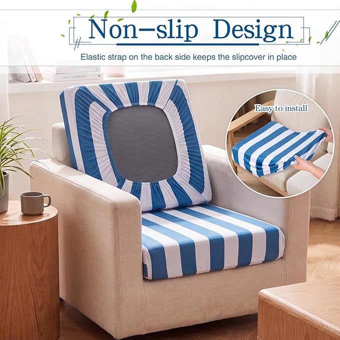 Newwiee 12 Pcs Patio Stretch Outdoor Cushion Covers Sofa Couch Cover Replacement Couch Slipcover Sofa Seat Chair Porch Patio Furniture Protector, Flexibility Washable (Blue White,Stripes)