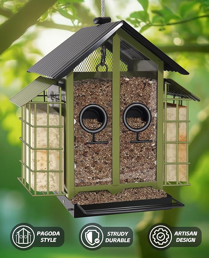 Weatherproof Bird Feeders for Outdoors - 4Lbs Large Metal Suet Feeder for Cardinal Finch, Garden Decor (Ordinary Green)