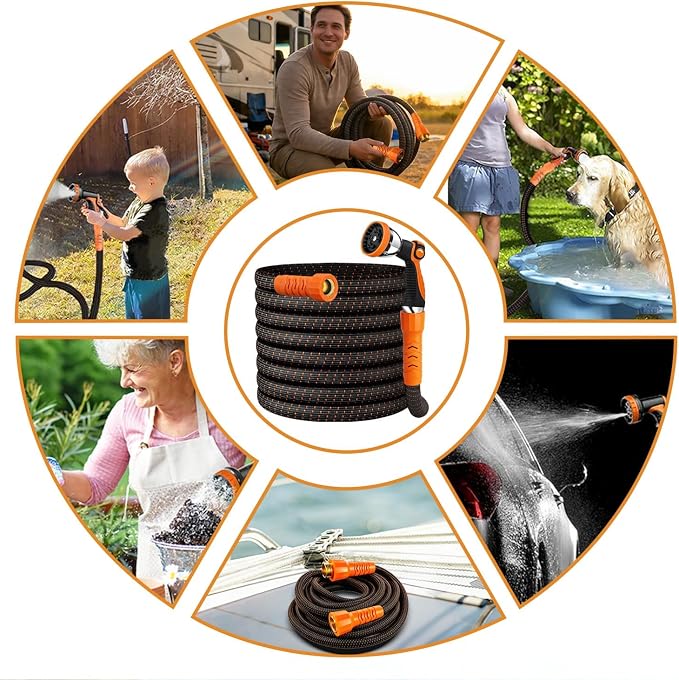 50FT Flexible Garden Hose & 10Modes Nozzle,Lightweight Water Hose,Kink-Free,All-Weather 3/4 in. Hose for RV,Boat,Car Wash,Garden,Yard,Camper,Outdoor NoneExpanding (Orange-Black, 50 Feet)