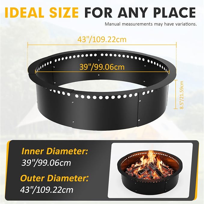Smokeless Fire Pit Ring, 43 inch Outer/39 inch Inner Outside Fire Pit, Heavy Duty Large Solid Metal Steel Round Firepit Rim Insert for Outside Wood Burning, DIY Campfire Ring