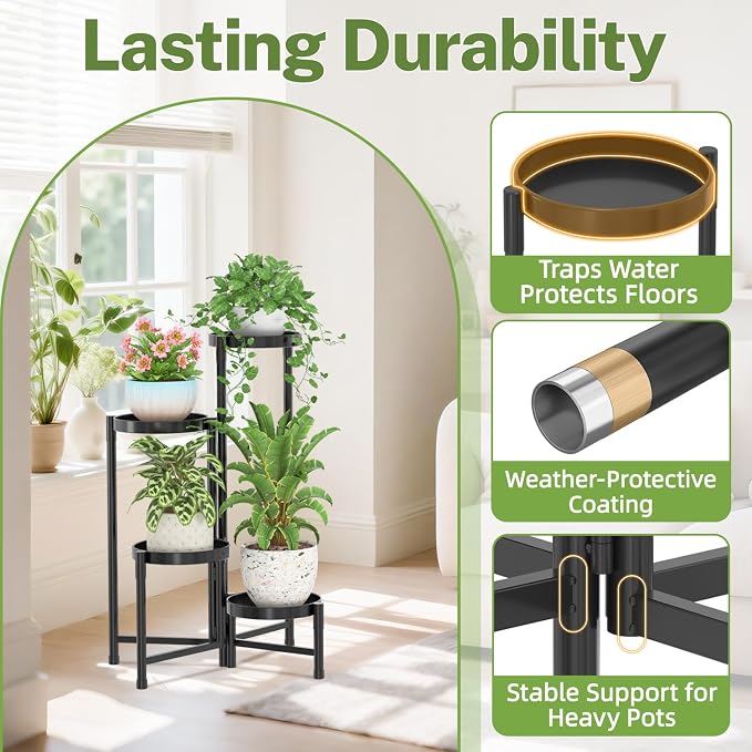 iDavosic.ly Plant Stand Indoor Outdoor, 4 Tier Corner Metal Flower Display Holder Shelf, Folding Tall Orchid Rack for Patio Balcony Porch Garden Living Room House, Black