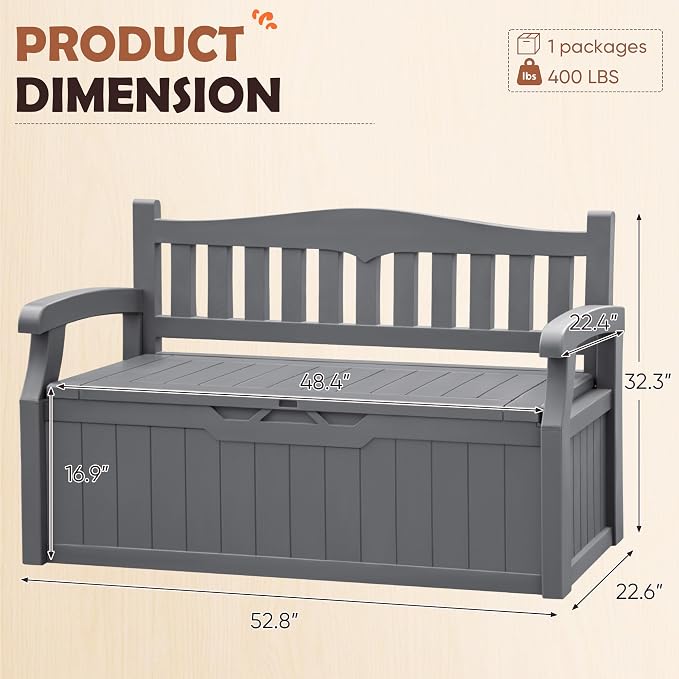 JUMMICO 80 Gallon Resin Outdoor Storage Bench, Large Deck Box with Armrest, Lockable&Waterproof for Garden, Home, Patio, Pools (Grey, 80 Gallon)