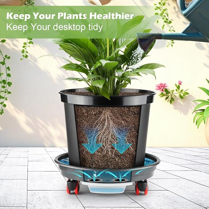 RooTrimmer 3 Pack 16 Inch Large Plant Pots with Rolling Saucers & Drainage Holes,Heavy Duty Plastic Planters for Indoor Outdoor Plants,Large Flower Pots with Wheels for Tall Plants(Black)