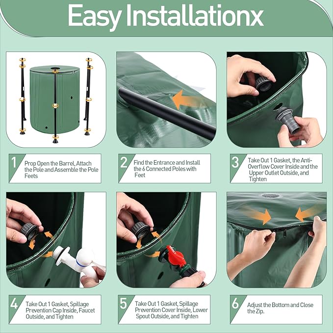 53 Gallon Collapsible Rain Barrel with Zipper Open and 12 Poles | 200L Protable Rainwater Collection System Kit,1000D Oxford,Rain Catcher Barrel for Outdoor Garden Camping