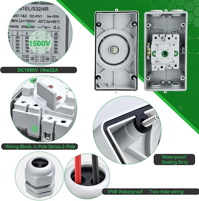 Solar Disconnect Switch 4-Pole DC1500 32A Isolator Solar Switch with Enclosure for Rooftop Solar Systems, RVs and Boat Waterproof IP66 Red