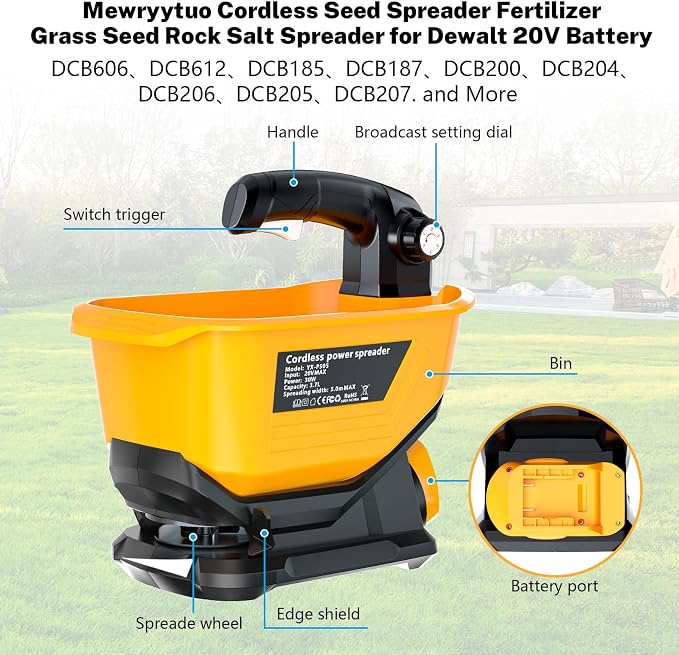Seed Spreader Fertilizer Grass Seed Spreader Cordless Compatible with Dewalt 20V Battery, Salt Spreader for Snow 3.7L Handheld, All-Season Use [ Battery Not Included ]