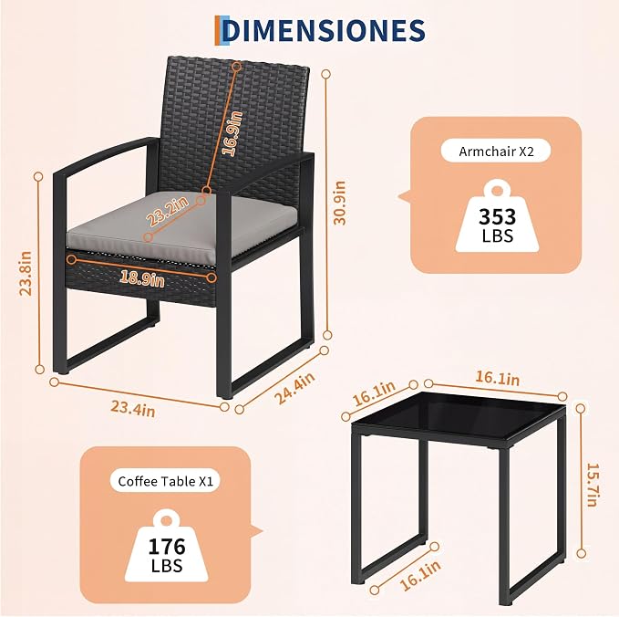 Garvee 3 Pieces Patio Bistro Set, PE Rattan Patio Conversation Set with Tempered Glass Coffee Table, Outdoor Wicker Furniture for Patio Garden Balcony Backyard, Black and Grey