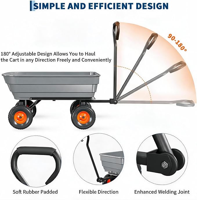 600 lb Poly Garden Dump Cart, Wheelbarrow Yard Cart with 10 in Wheels, Quick-Dump & Towable Utility Wagon with Convertible Handle for Yard, Soil, Rocks（Gray）